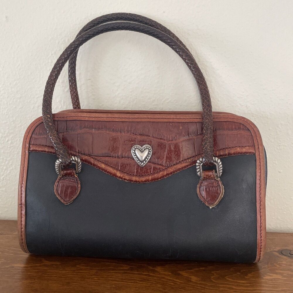 Brighton Vintage Black & Tan Leather Crocodile Pattern Heart Detail Handbag READ